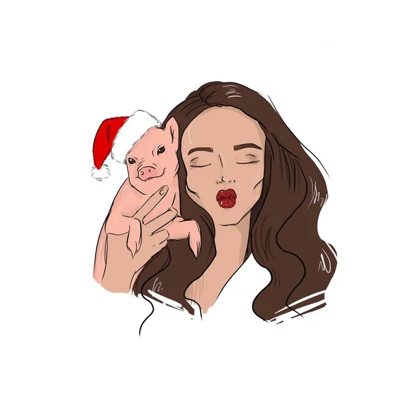 Une Fille Avec Porcelet Nouvel 2019 Joyeux Noël — Photo