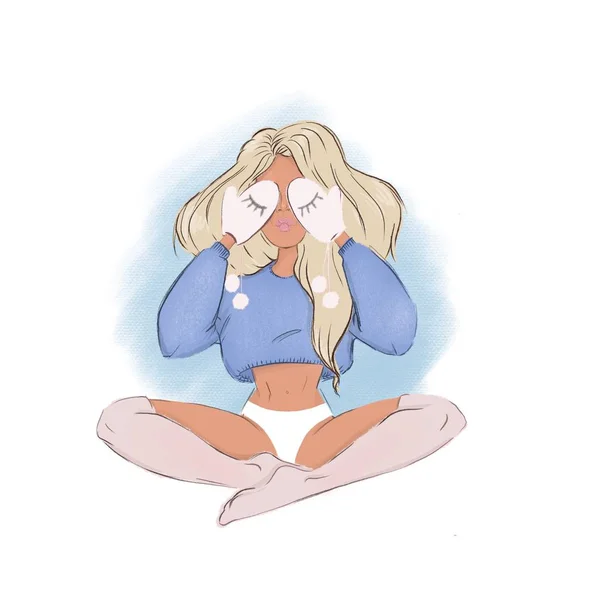 Kapalı gözler ile şirin kız. Karikatür çizim.