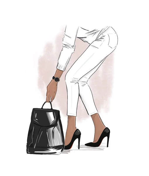 Fashion Illustration Avslappnad Look Outfit Kvinna Vit Tröja Och Byxor — Stockfoto