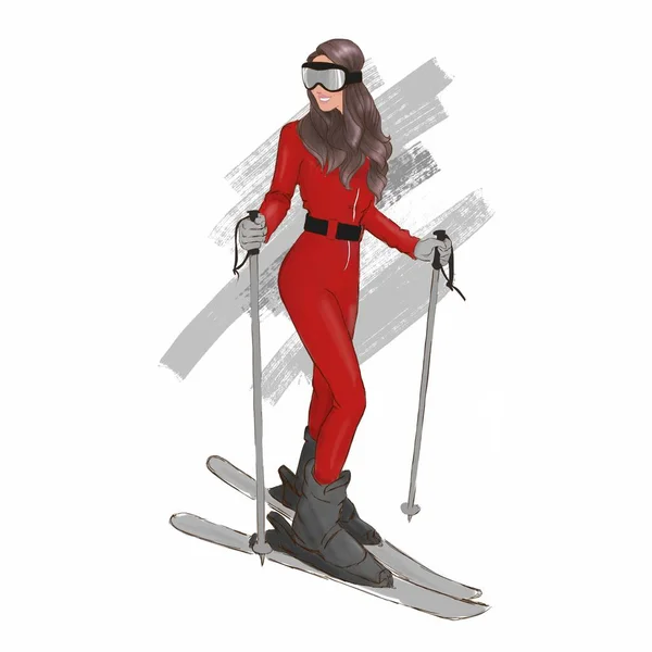 Vacker Kvinna Skidåkare Ski Suit Fashion Illustration — Stockfoto