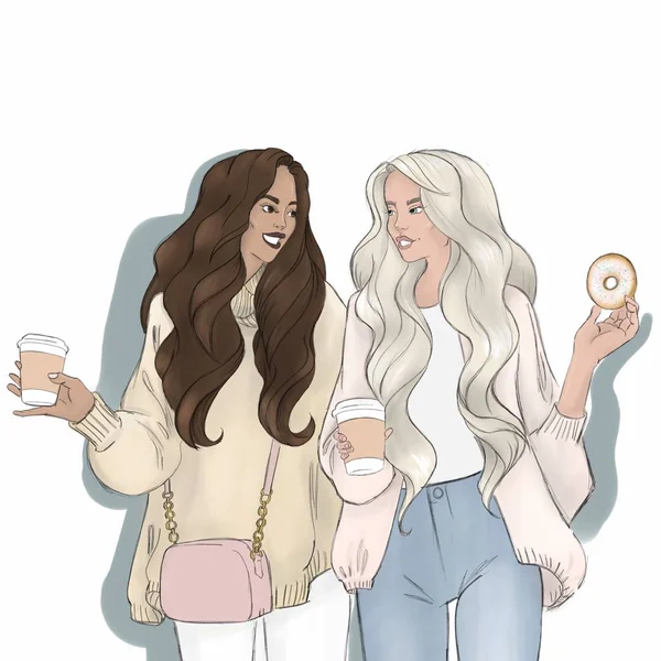 Kadın gay çift. Karikatür tarzı. Lezbiyen eşler. Sigara Geleneksel çok ırklı aile. eşcinseller. LGBT. insan hakları.