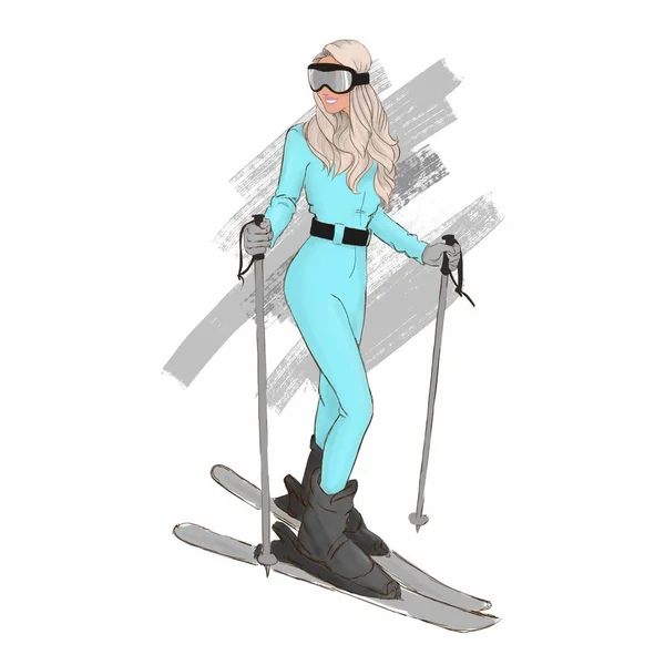 美しい女性スキーヤー スキー スーツ ファッション イラスト — ストック写真