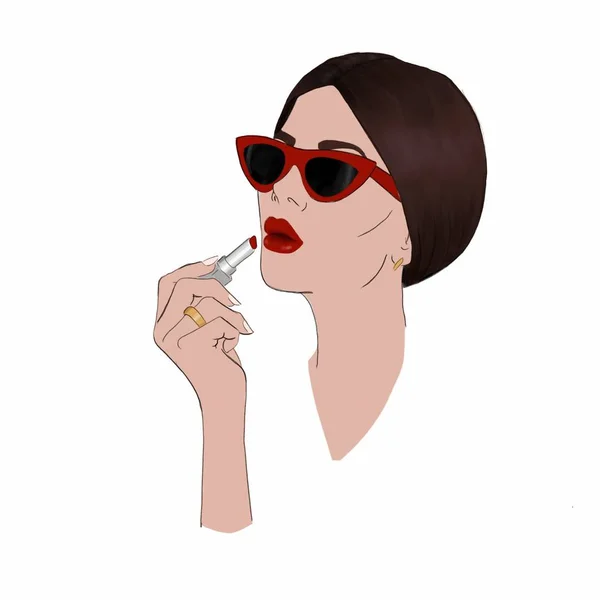 Mujer Elegante Gafas Sol Rojas Pinta Sus Labios Con Lápiz —  Fotos de Stock