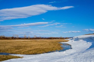 Bahar manzara. Güneşli bir gün, mavi gökyüzü ve eriyen kar.