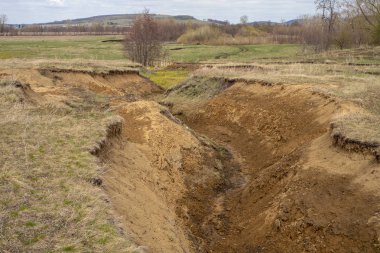 Erimiş sulardan kaynaklanan toprak erozyonundan kaynaklanan derin vadi.