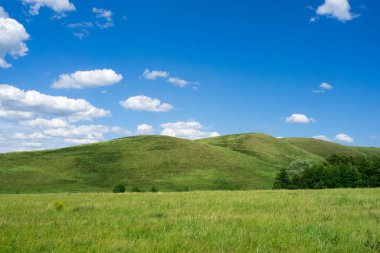 Yeşil tepeler ve bulutlu mavi gökyüzü. Güzel yaz manzarası.