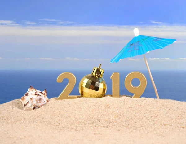 2019 Año Figuras Doradas Con Concha Mar Una Playa Arena Fotos De Stock