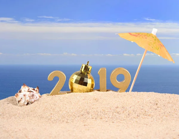 2019 Jaar Gouden Cijfers Met Zeeschelp Een Strand Zand Stockfoto