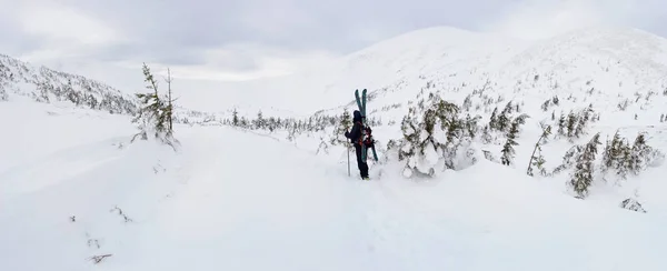 Sciatore Escursionistico Alpino Sulle Montagne Invernali Carpazi Ucraina — Foto Stock