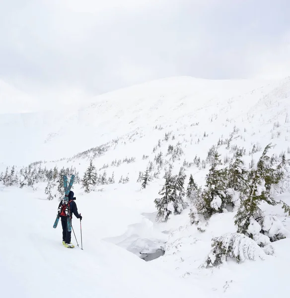 Sciatore Escursionistico Alpino Sulle Montagne Invernali Carpazi Ucraina — Foto Stock