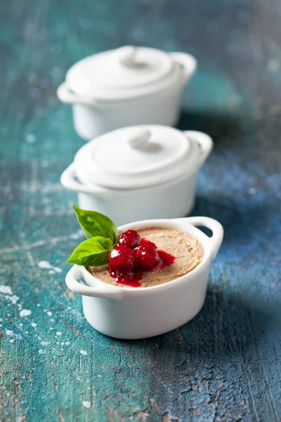 Fresh Homemade Chicken Liver Pate Cranberry Sauce Ceramic Serving Pans — Stock Photo, Image