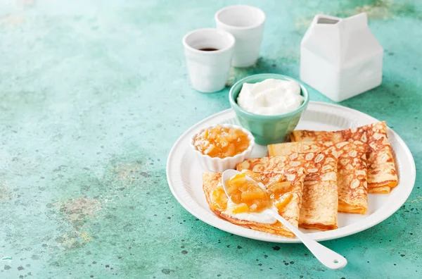 Gluten Free Keto Pancakes Lemon Sugar Free Jam Selective Focus — Stock Photo, Image