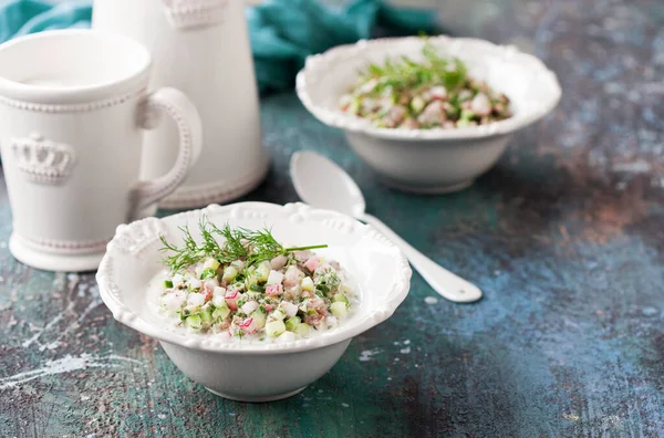 Okroshka Cold Yogurt Soup Vegetables Selective Focus — Stock Photo, Image