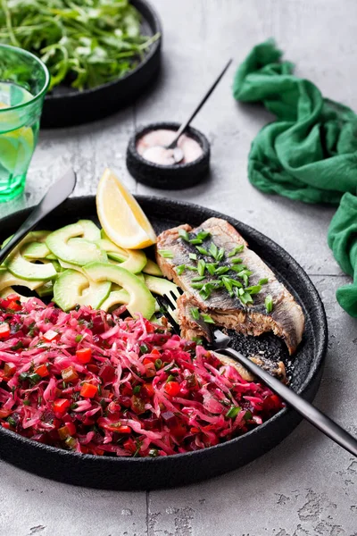 Vinaigrette Salad Canned Herring Selective Focus — Stock Photo, Image