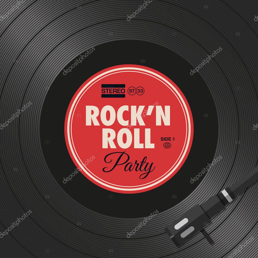 Poster, flyer rock and roll party, vinyl style. Editable vector design.