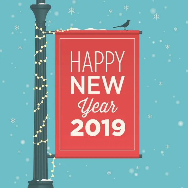 Happy New Year 2019 Card Street Sign Banner Editable Vector — Stock Vector