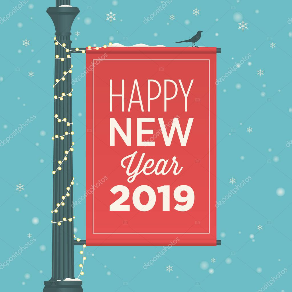 Happy new year 2019 card. Street sign banner. Editable vector design.