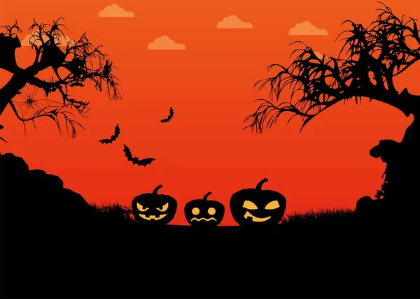 Halloween Pumpkins Yarasa Turuncu Arka Plana Mezarlığa Örümcek — Stok Vektör