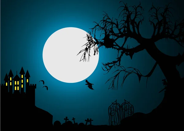 Cadılar Bayramı vektör illüstrasyon sahnesi Ay, yarasa ve ağaçla