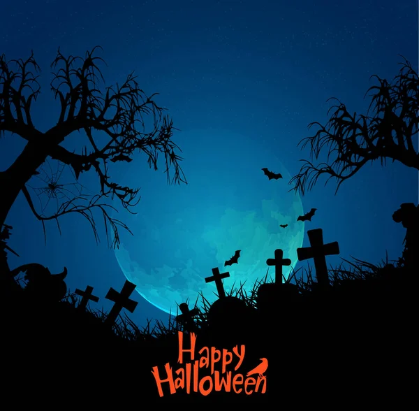 Halloween pumpkins ve koyu mavi ay arka plan üzerinde haçlar