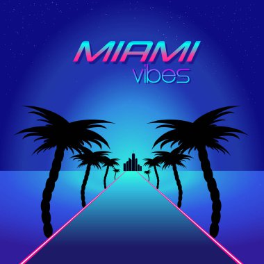 Mavi temalı retro synthwave retro tasarımı.
