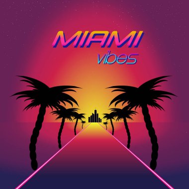 Retro synthwave retro tasarımı. Günbatımı giden yol