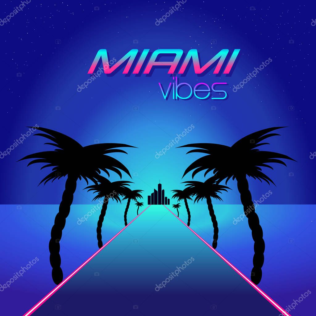 Blue themed retro synthwave retro design. Road lined with palms. Miami vibes.