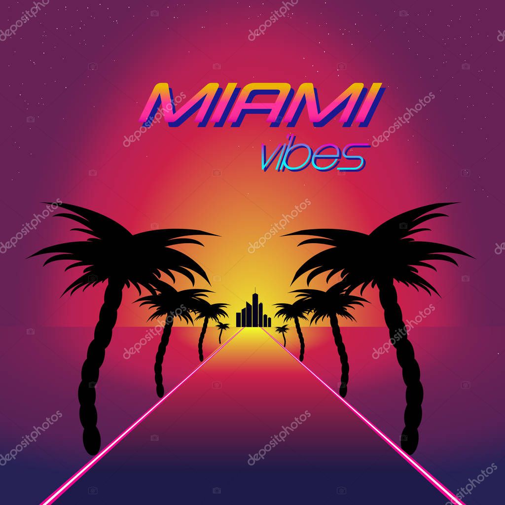 Retro synthwave retro design. Road to sunset. Skyscrapers and palms. Vector illustration. Miami vibes.