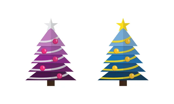 Versierde kerstbomen met ster en ballen set — Stockvector