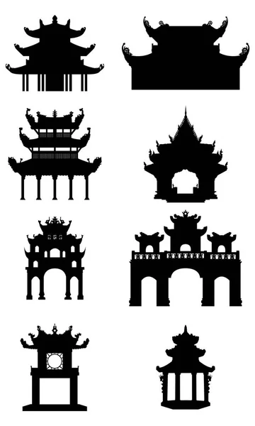 古代の仏教寺院のセット 黒いベクター シルエット — ストックベクタ
