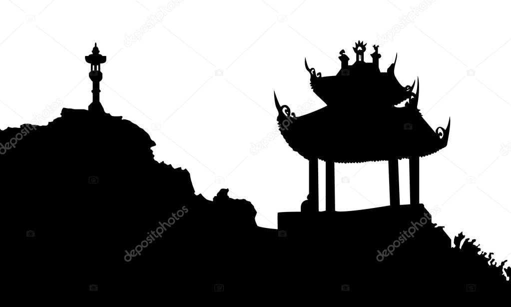 Ancient buddhist temple in Vietnam. Black vector silhouette.