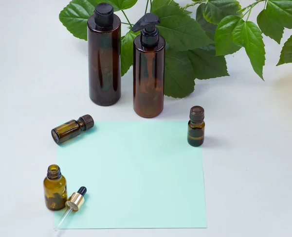 Dark cosmetic bottles and green natural leaves on a light background. Green empty card, sheet for writing. Layoutfor adding inscriptions. The concept of natural environmentally friendly cosmetics.