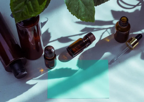 Dark cosmetic bottles and green natural leaves on a light background. Green empty card, sheet for writing. Layout for adding inscriptions. Natural hard light, deep shadows. The concept of natural envi