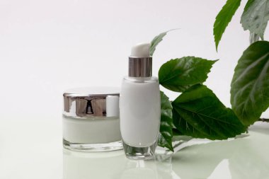 Yeşil yapraklı doğal organik kozmetik ürünler. Sahte damgalama için boş etiket