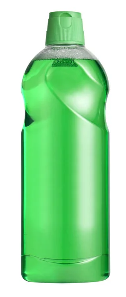 Recipiente Plástico Transparente Con Líquido Verde Aislado Sobre Fondo Blanco —  Fotos de Stock