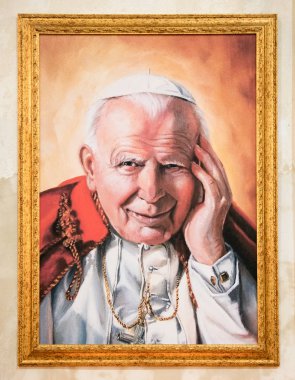 Pop Giovanni Paolo II altın bir çerçeve içinde Roma Piskoposu ve Katolik Kilisesi ve Vatikan koşullarında portresi