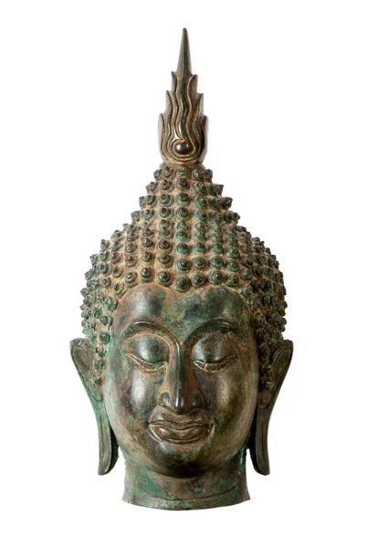 Głowa Buddha Rzeźby Białym Tle Białym Tle Uśmiechniętą Twarz Zamkniętymi — Zdjęcie stockowe