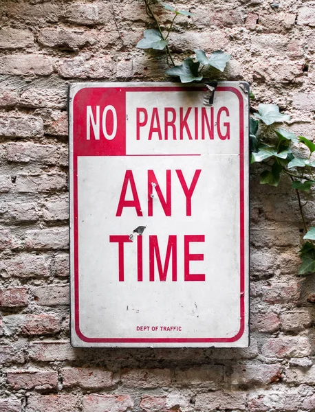 Parking Any Time Sign Vintage White Plate Red Print Attached — Stock Photo, Image