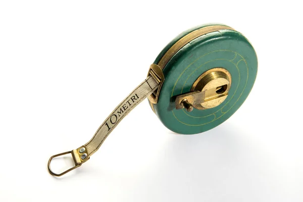 Meter Vintage Measuring Ribbon Tape Measure Green Body Yellow Metal — Stock Photo, Image