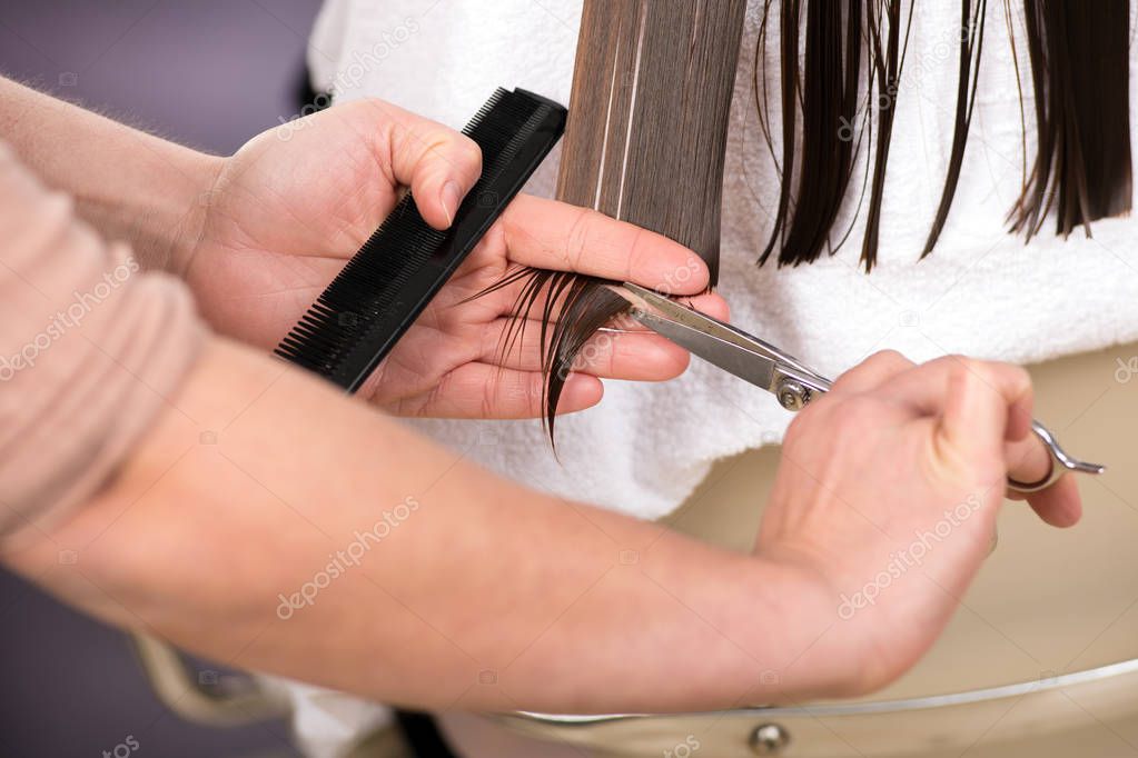 Close-up on female hairstylist hands cutting wet hair ends of brunette woman with scissors at beauty salon