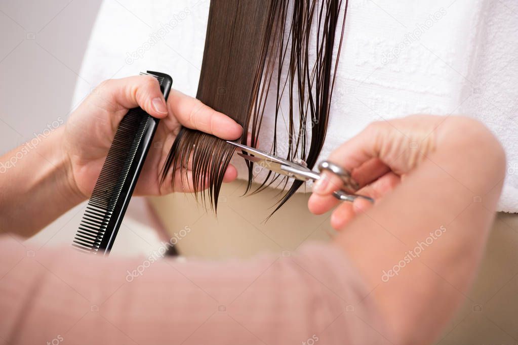 Hairdresser trimming the end of a ladies hair in a close up view on her hands holding a comb and the scissors