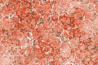Kırmızı sıvı yüzeyindeki boya veya petrol beyaz çizgiler ile lekeleri. Tam kare kağıt kapak veya arka plan kavram. Pembe Mermer doku