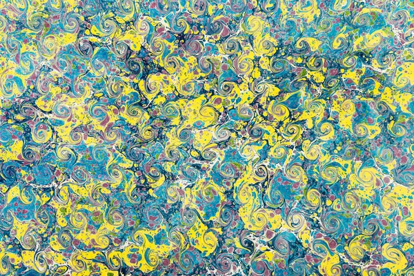 Dense Small Vortexes Yellow Blue Liquid Paint Abstract Artistic Mix — Stock Photo, Image