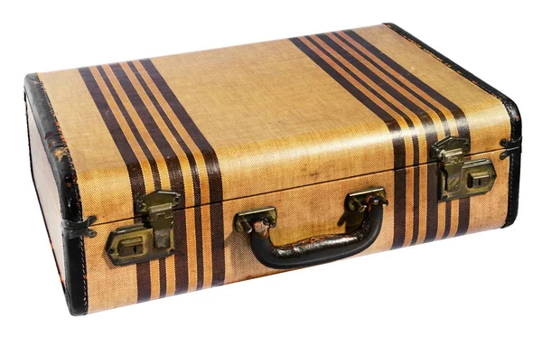 Oude Vintage Bruine Koffer Met Decoratieve Strepen Geïsoleerd Wit Een — Stockfoto