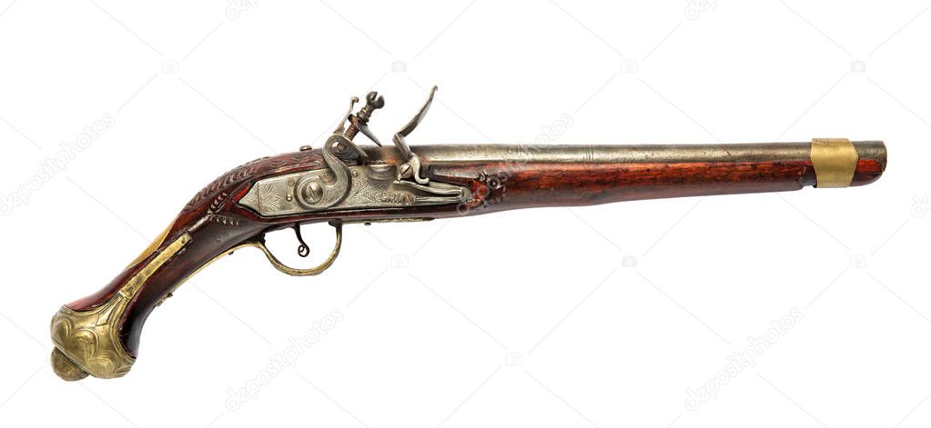 Vintage old hand gun, flintlock pistol, viewed from the side, isolated on white background