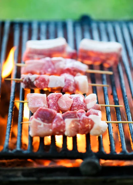 Raw Beef Skewers Grilling Bbq Fire Glowing Hot Coals Close — Stock Photo, Image