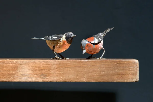Dois Pássaros Brinquedo Metal Vintage Uma Prateleira Madeira Empoleirado Bicando — Fotografia de Stock