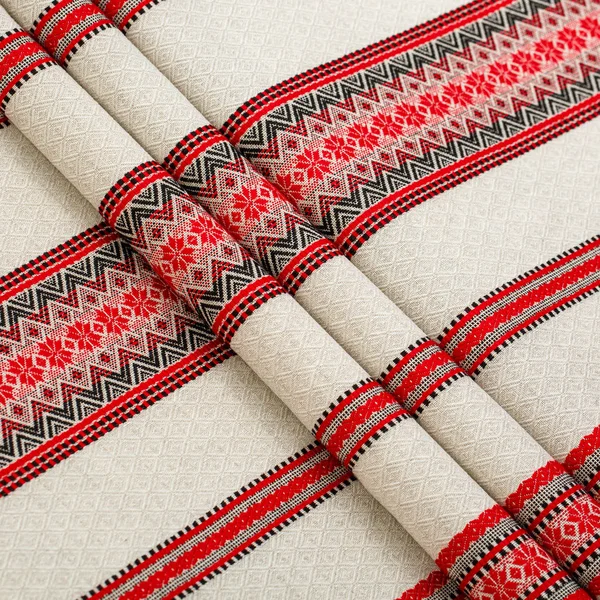 Decorative Ukrainian fabric, napkins and ethnic clothes — Stock Photo, Image