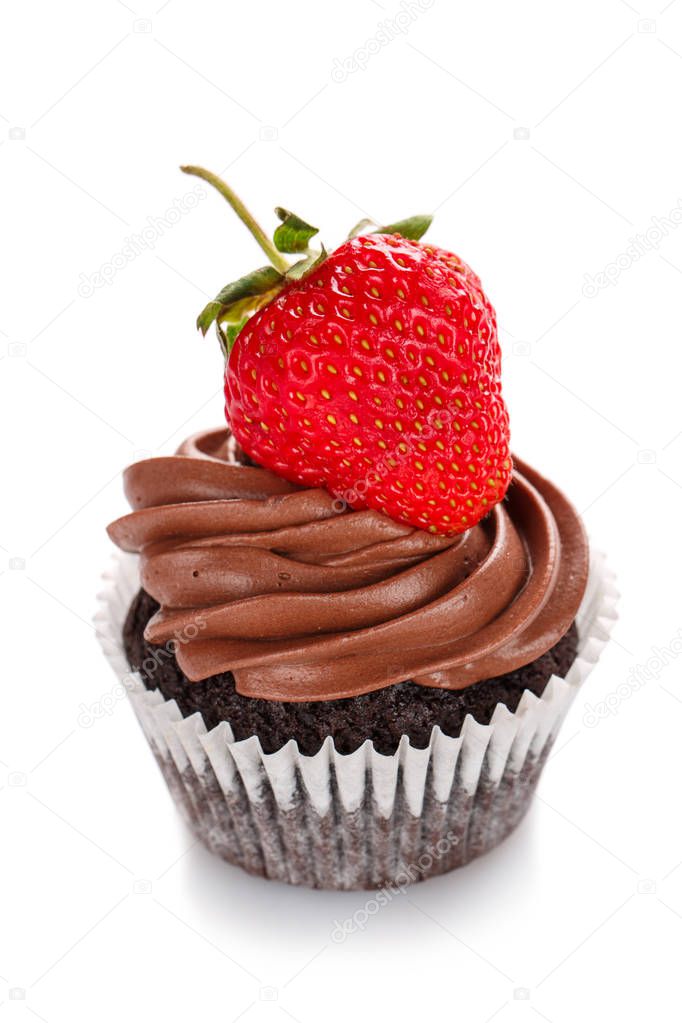 Chocolate cake with strawberries, isolated on a white background
