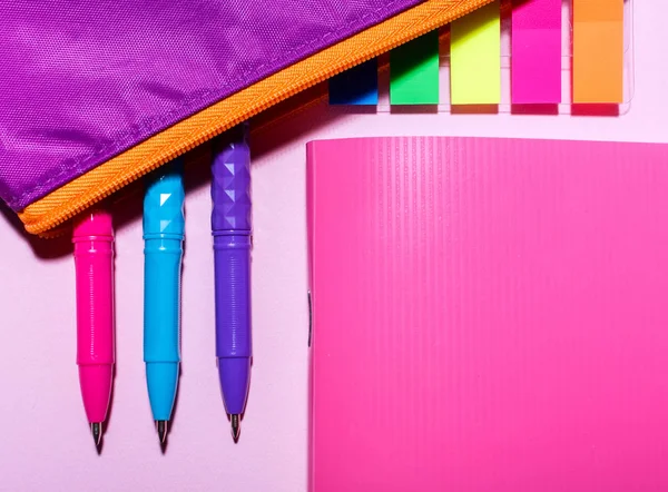 Cuaderno rosa y estuche de lápiz púrpura. Asiento plano, vista superior. lugar para el texto — Foto de Stock